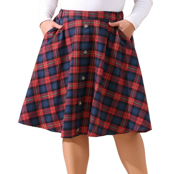 DARING DIVA Women's Plus Vintage Plaid Elastic A-Line Skirt with Pockets 2X Red Blue