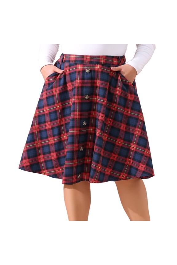 Women's Plus Vintage Plaid Elastic A-Line Skirt with Pockets 2X Red Blue