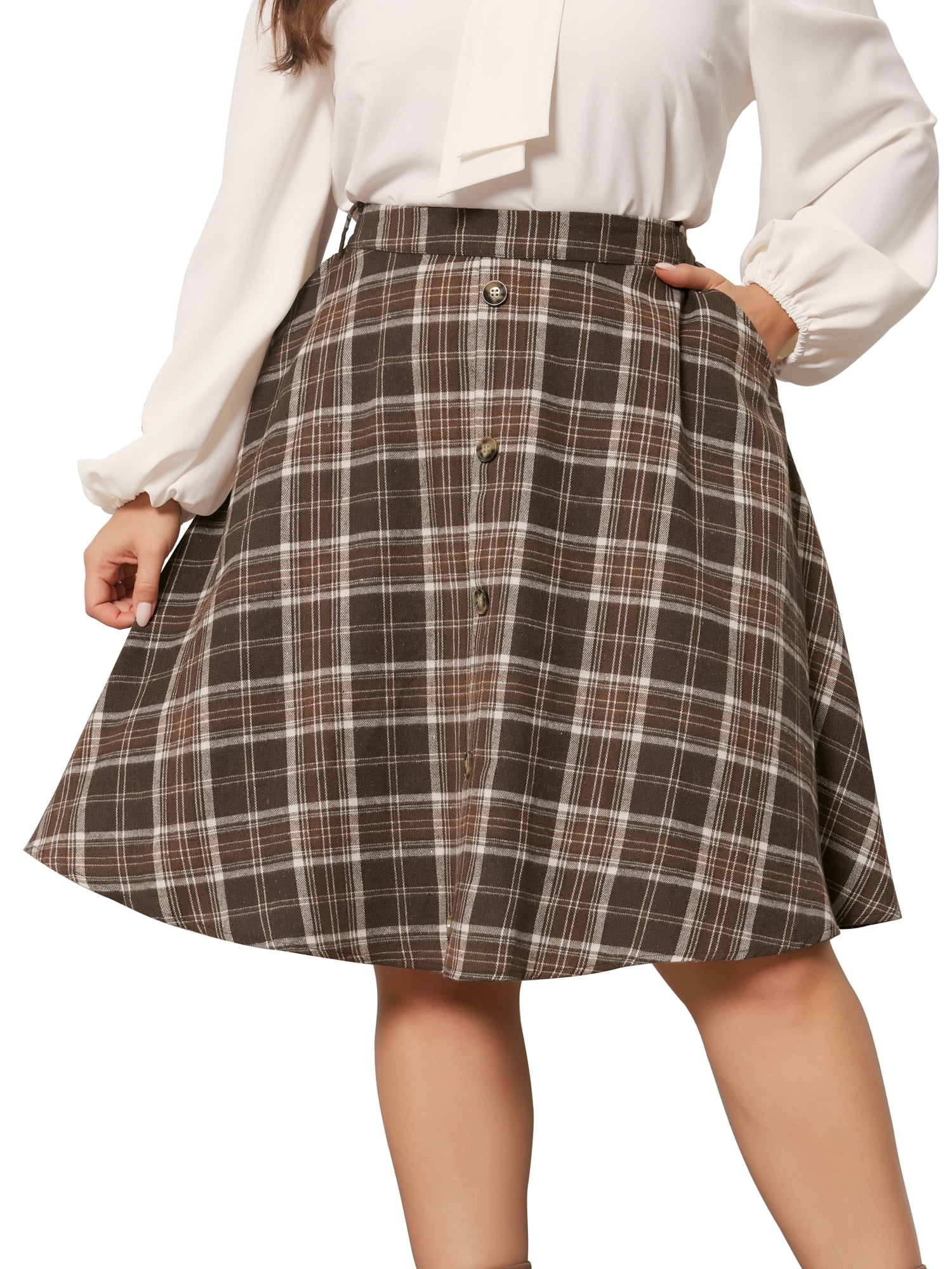 DARING DIVA Women's Plus Vintage Plaid Elastic A-Line Skirt with Pockets 4X Brown