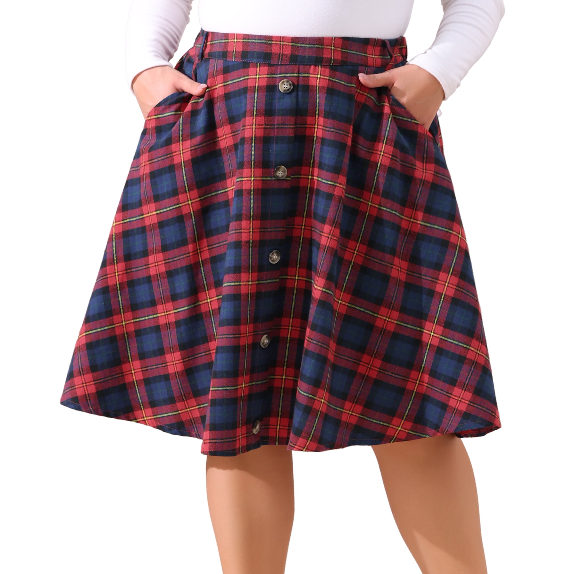 DARING DIVA Women's Plus Vintage Plaid Elastic A-Line Skirt with Pockets 4X Red Blue