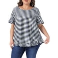 thumbnail image 1 of DARING DIVA Women's Plus Gingham 1950s Plaid Round Neck Tops 1X Navy Blue, 1 of 6