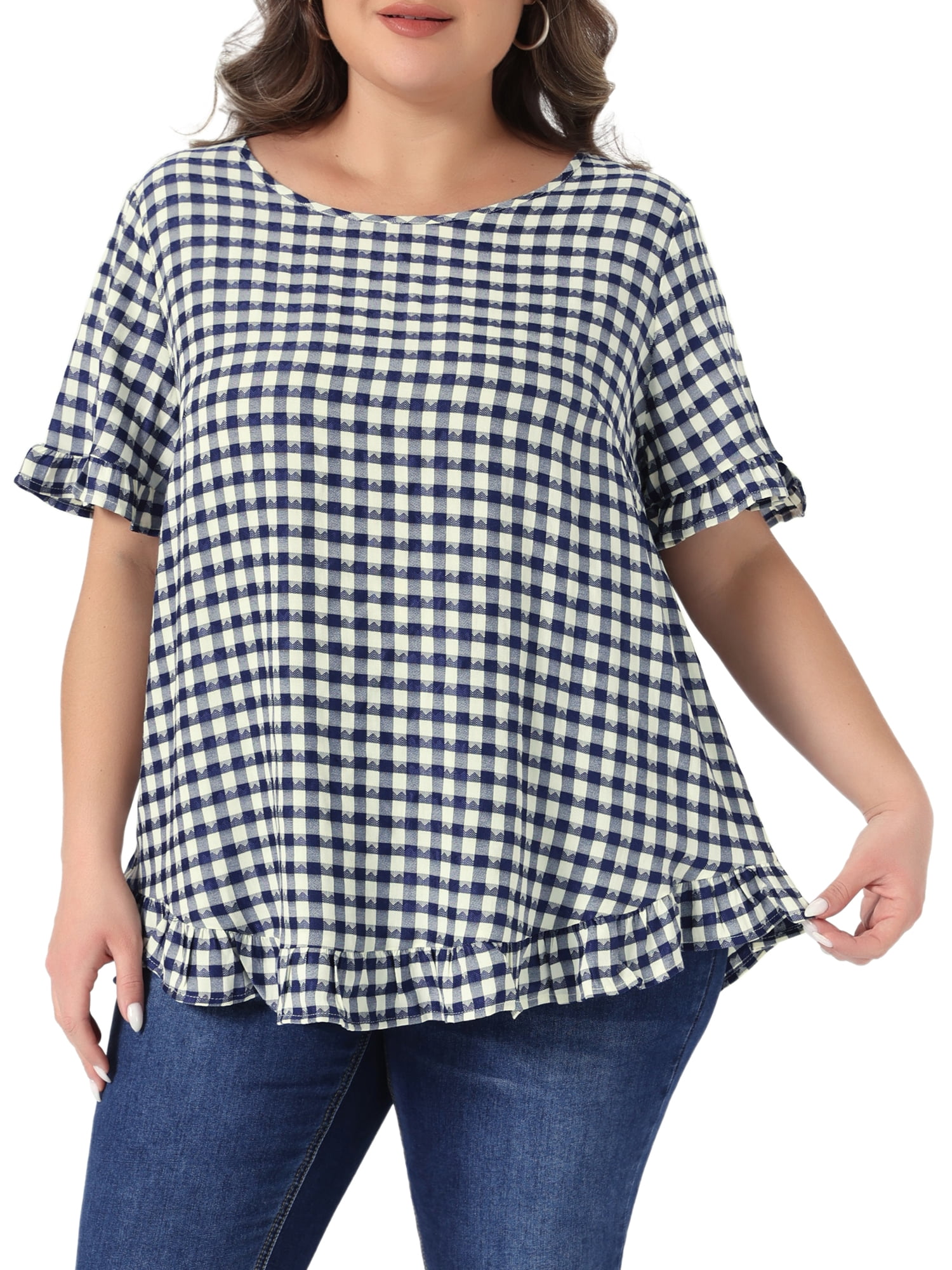 DARING DIVA Women's Plus Gingham 1950s Plaid Round Neck Tops 2X Navy Blue