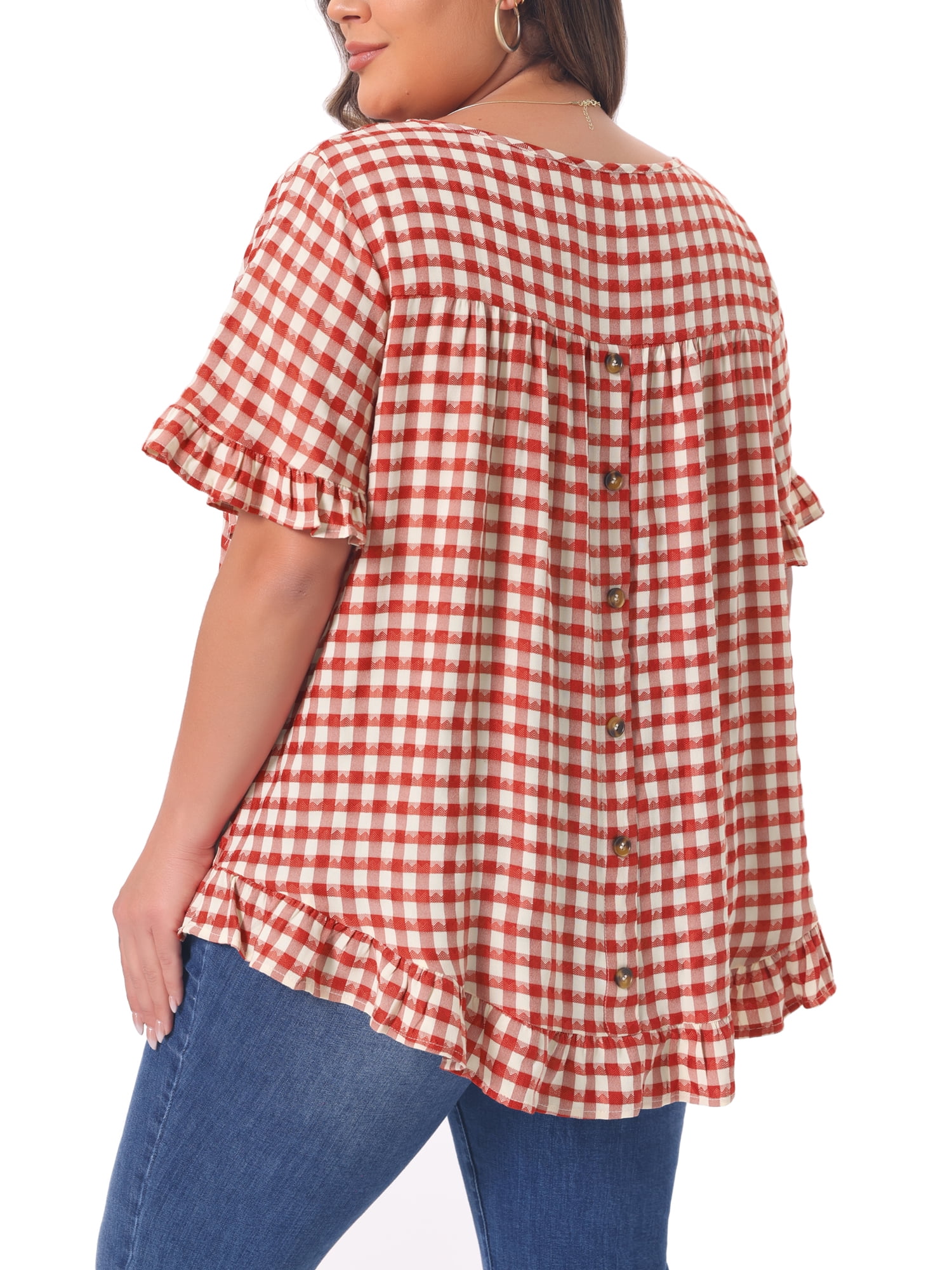 DARING DIVA Women's Plus Gingham 1950s Plaid Round Neck Tops 3X Red