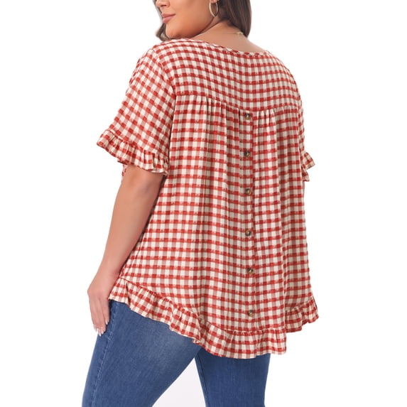 DARING DIVA Women's Plus Gingham 1950s Plaid Round Neck Tops 4X Red
