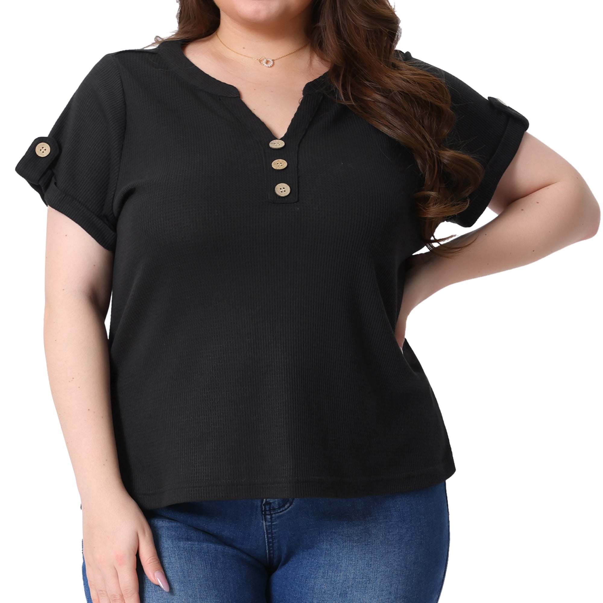 Women's Plus Women's Waffle Tunic Tops Short Sleeve Button V Neck Casual Blouse 1X Black