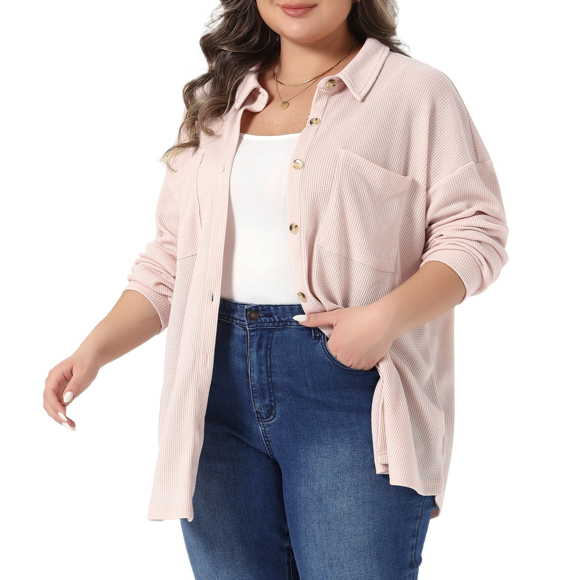 DARING DIVA Women's Plus Waffle Knit Shirt Long Sleeve Button Down Jacket 2X Gray Pink