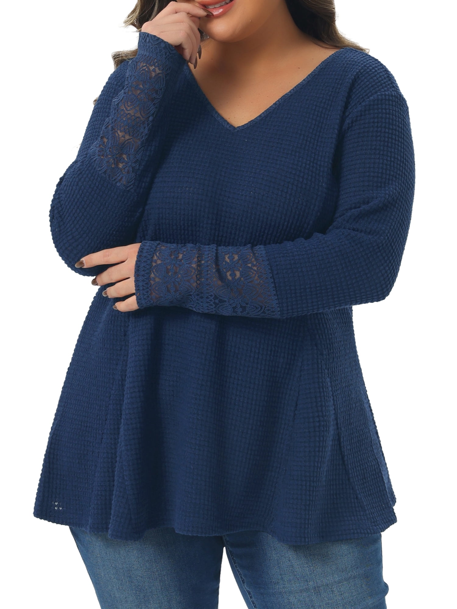 DARING DIVA Women's Plus Waffle Knit Tops V Neck Lace Patchwork Blouse 2X Navy Blue