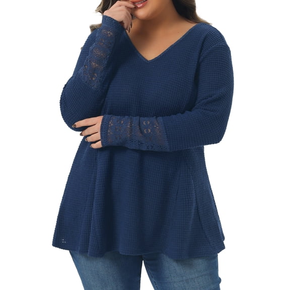 DARING DIVA Women's Plus Waffle Knit Tops V Neck Lace Patchwork Blouse 2X Navy Blue