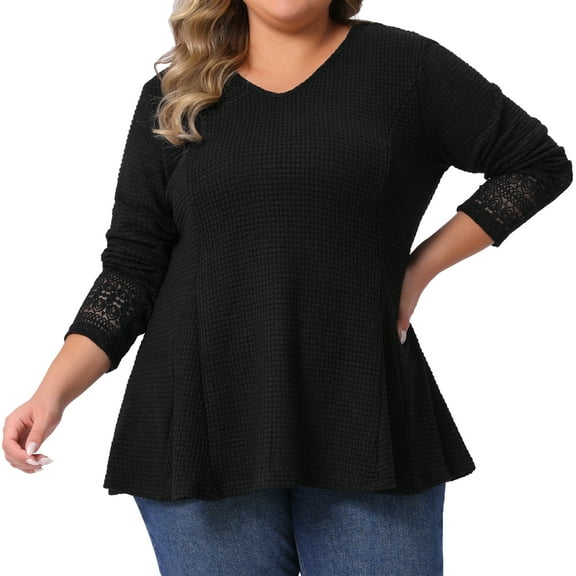 DARING DIVA Women's Plus Waffle Knit V Neck Lace Patchwork Blouse 1X Black