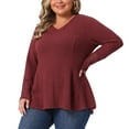 thumbnail image 1 of DARING DIVA Women's Plus Waffle Knit Tops V Neck Lace Patchwork Blouse 1X Brown Red, 1 of 6