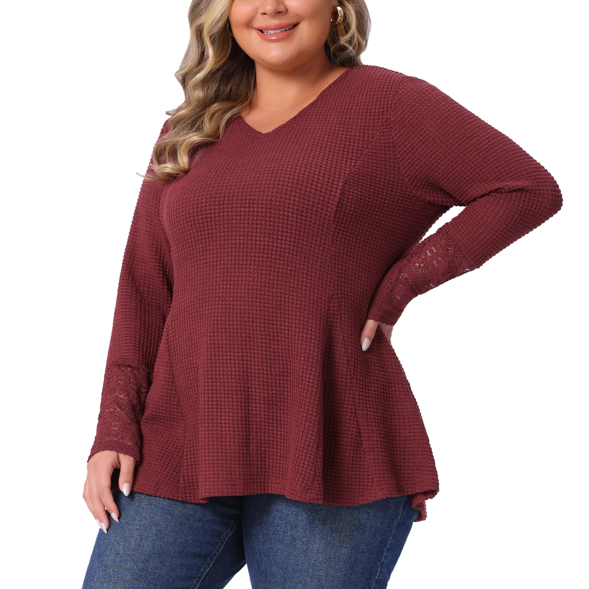 DARING DIVA Women's Plus Waffle Knit Tops V Neck Lace Patchwork Blouse 2X Brown Red