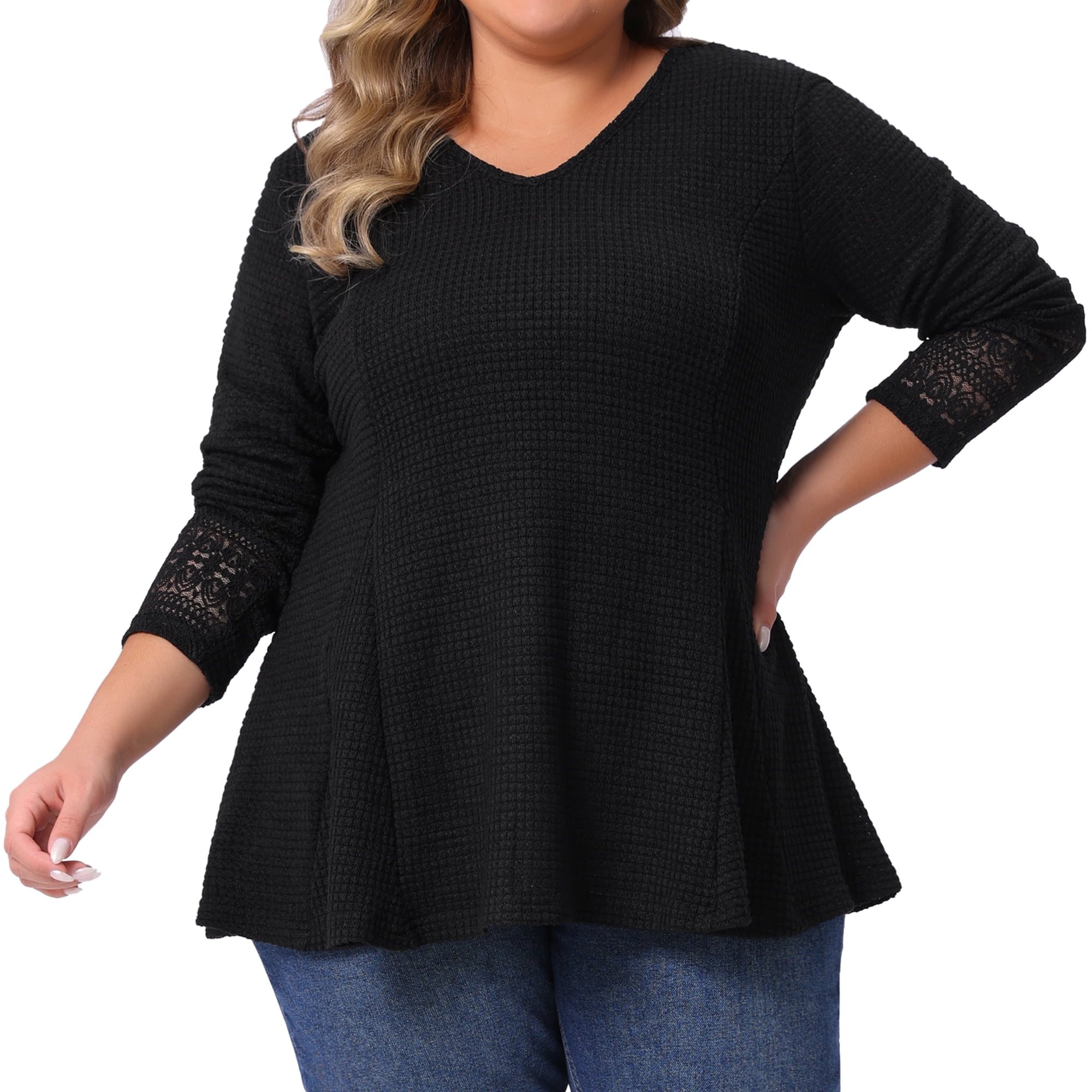 DARING DIVA Women's Plus Waffle Knit Tops V Neck Lace Patchwork Blouse 3X Black