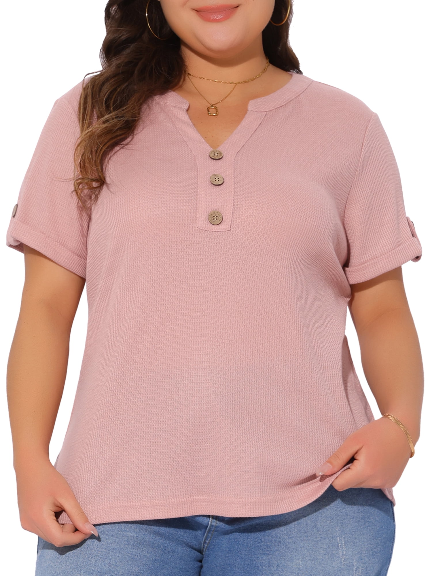 Women's Plus Women's Waffle Tunic Tops Short Sleeve Button V Neck Casual Blouse 3X Pink