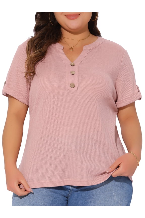 Women's Plus Women's Waffle Tunic Tops Short Sleeve Button V Neck Casual Blouse 3X Pink
