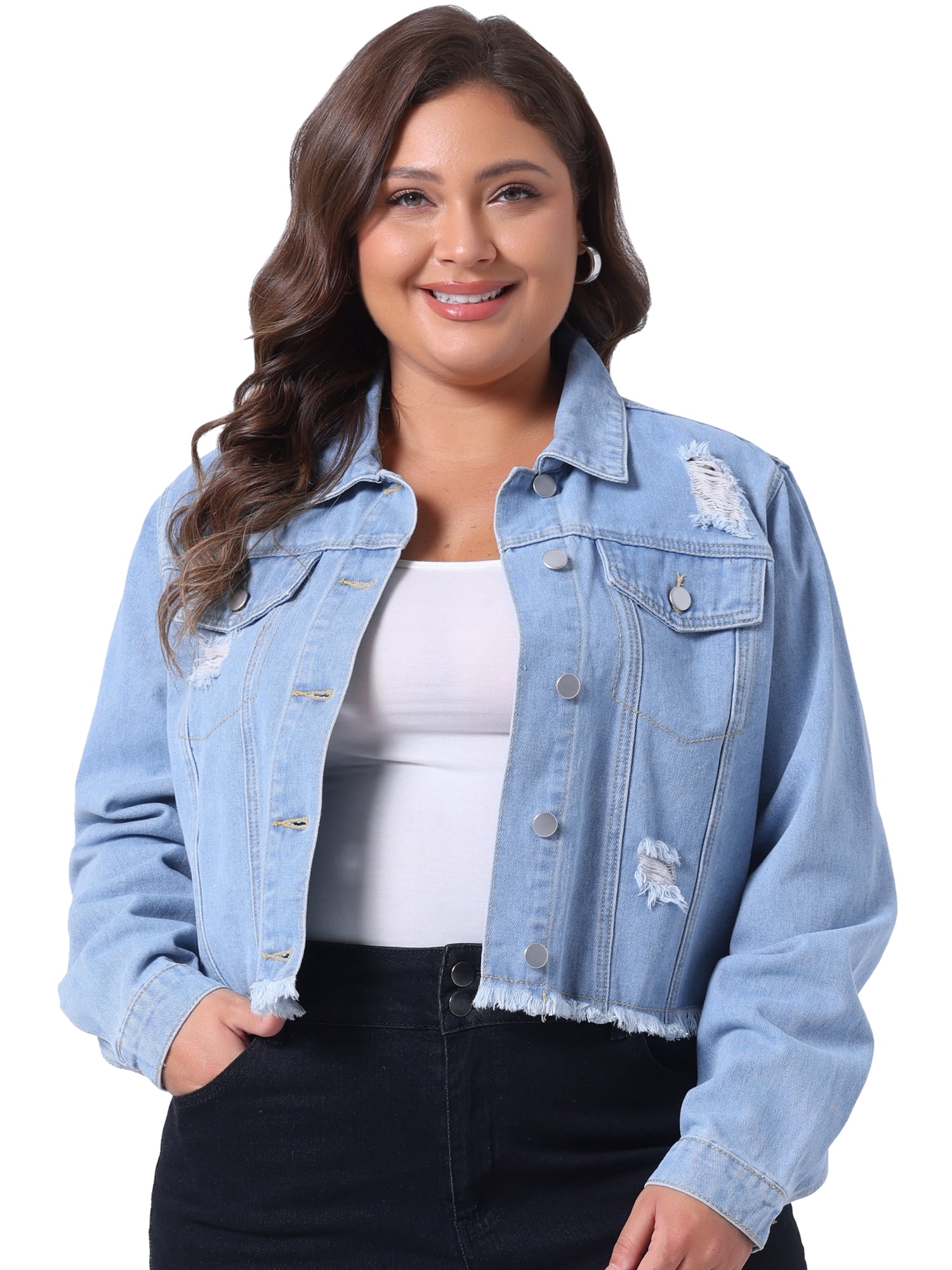 DARING DIVA Women's Plus Washed Cropped Frayed Denim Outerwear Jacket 1X Blue