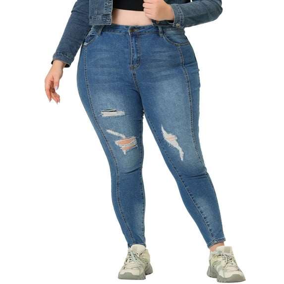 DARING DIVA Women's Plus Washed Mid-Rise Skinny Jeans Denim Pant 4X Blue-Ripped
