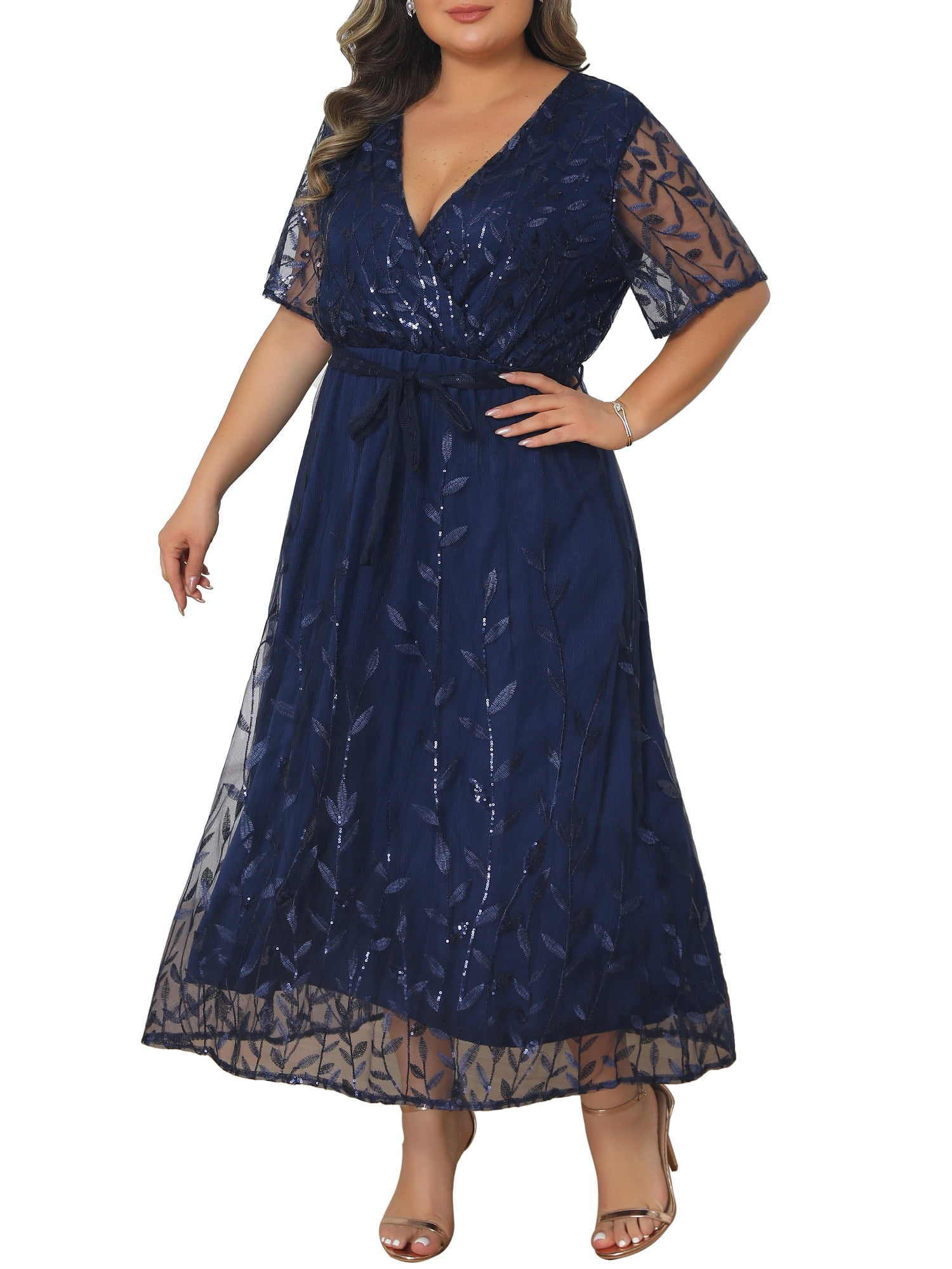 DARING DIVA Women's Plus Wedding Guest Dress Sequin Wrap V Neck Midi 2X Navy Blue