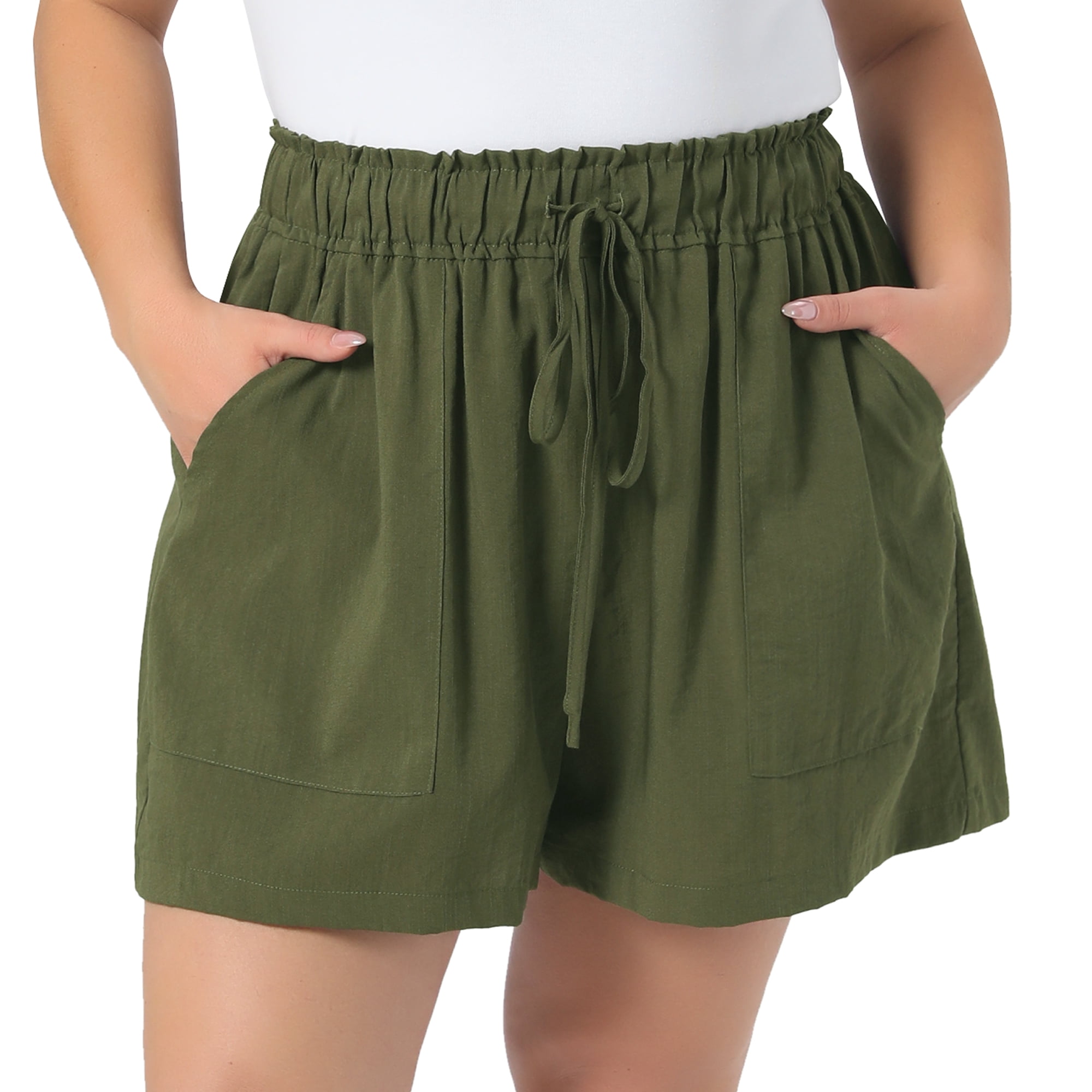 DARING DIVA Women's Plus Wide Leg Drawstring High Waist Beach Shorts 1X Army Green