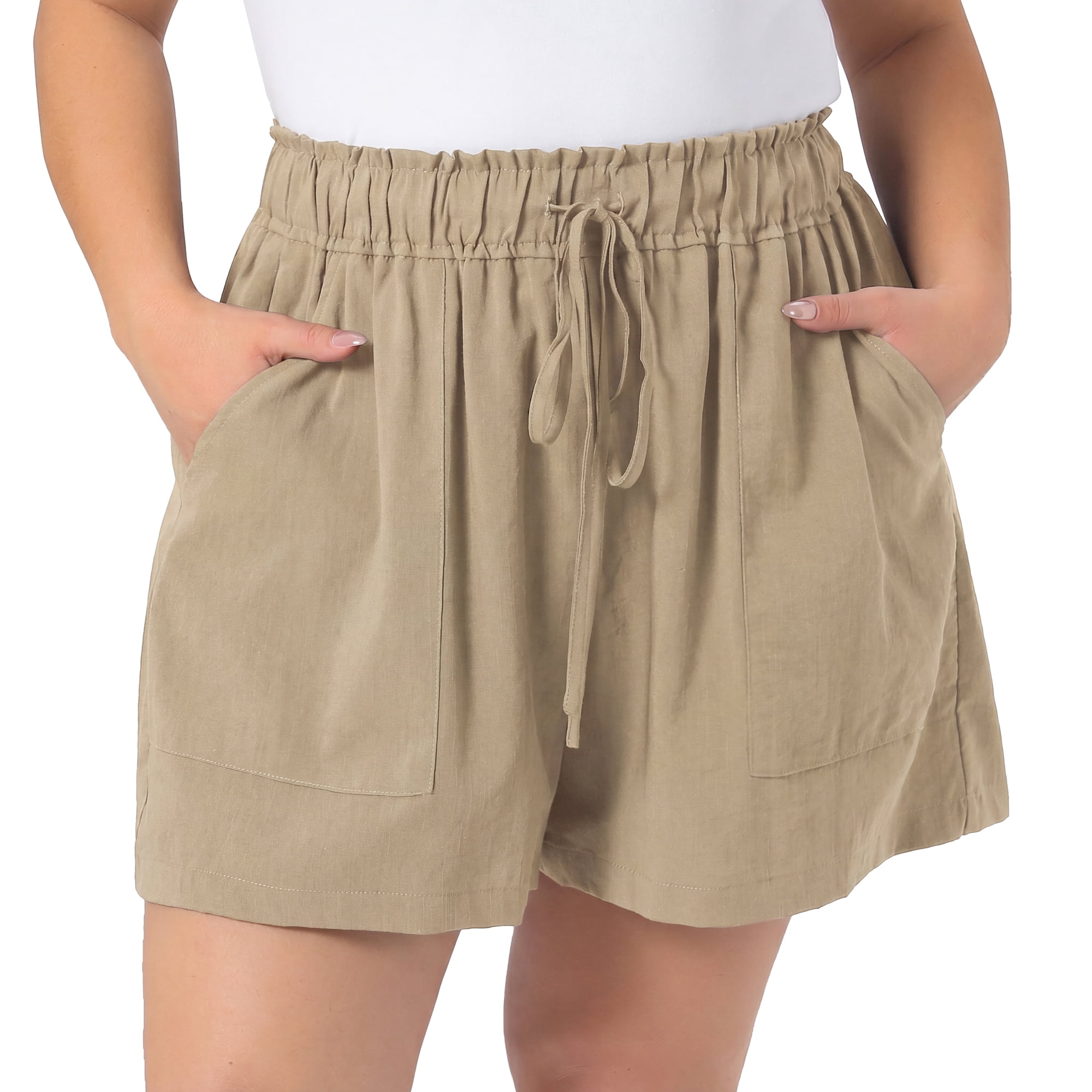 DARING DIVA Women's Plus Wide Leg Drawstring High Waist Beach Shorts 2X Khaki