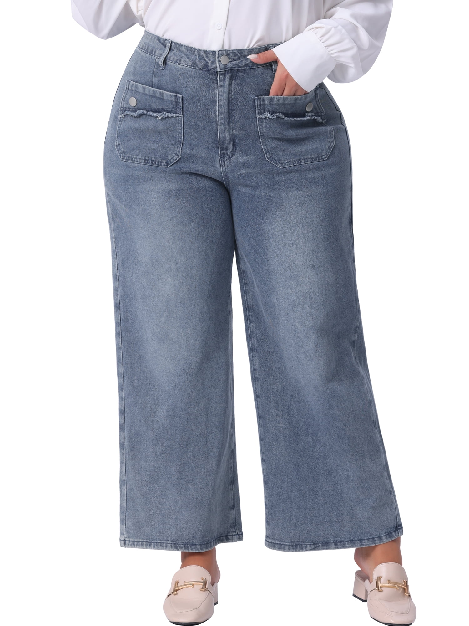 DARING DIVA Women's Plus Wide Leg Stretch Washed Palazzo Pants Jeans 1X Grey Blue