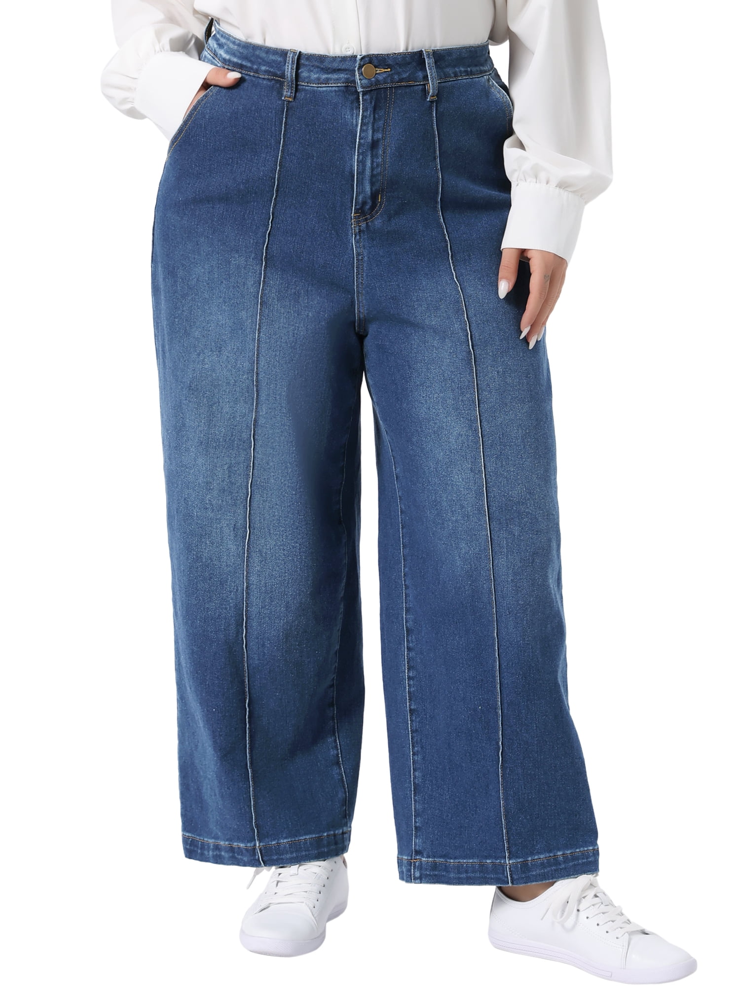 DARING DIVA Women's Plus Wide Leg Stretch with Pockets Denim Ankle Pants 1X Dark Blue
