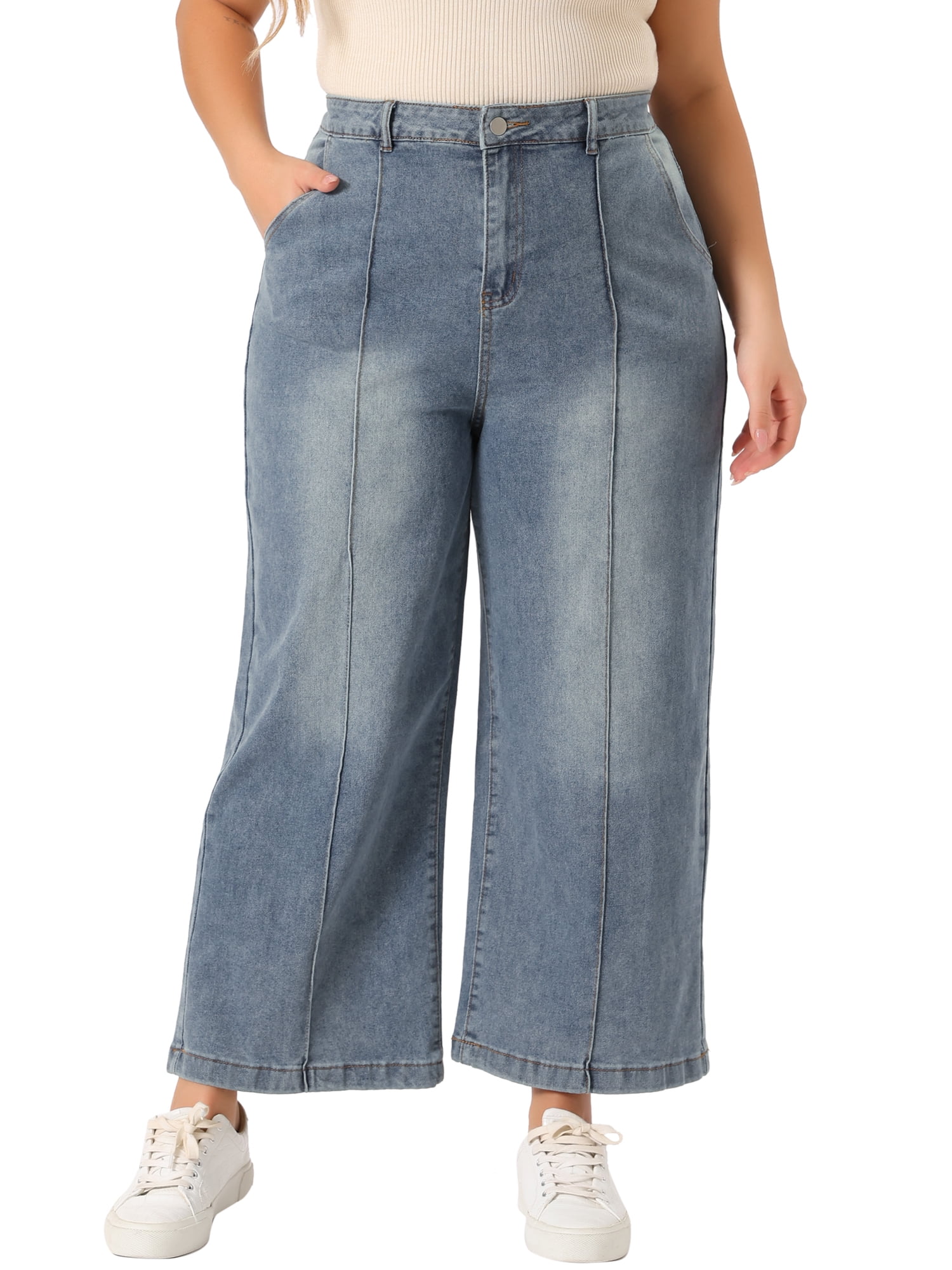 DARING DIVA Women's Plus Wide Leg Stretch with Pockets Denim Ankle Pants 4X Gray Blue
