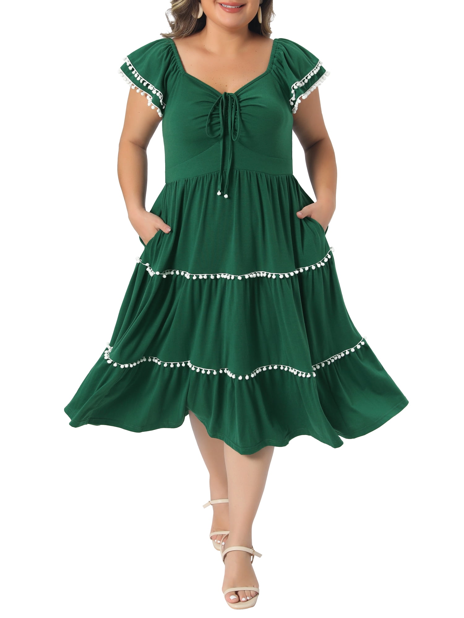 DARING DIVA Women's Plus Women's Boho Dress Ruffled Sweetheart Neck 1X Dark Green
