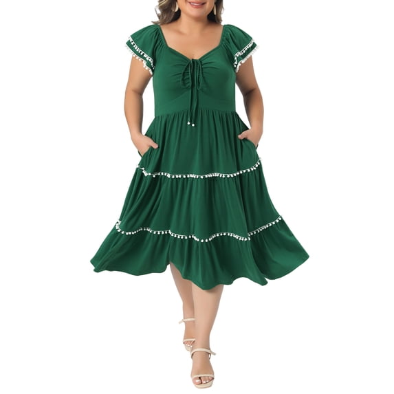 DARING DIVA Women's Plus Women's Boho Dress Ruffled Sweetheart Neck 1X Dark Green