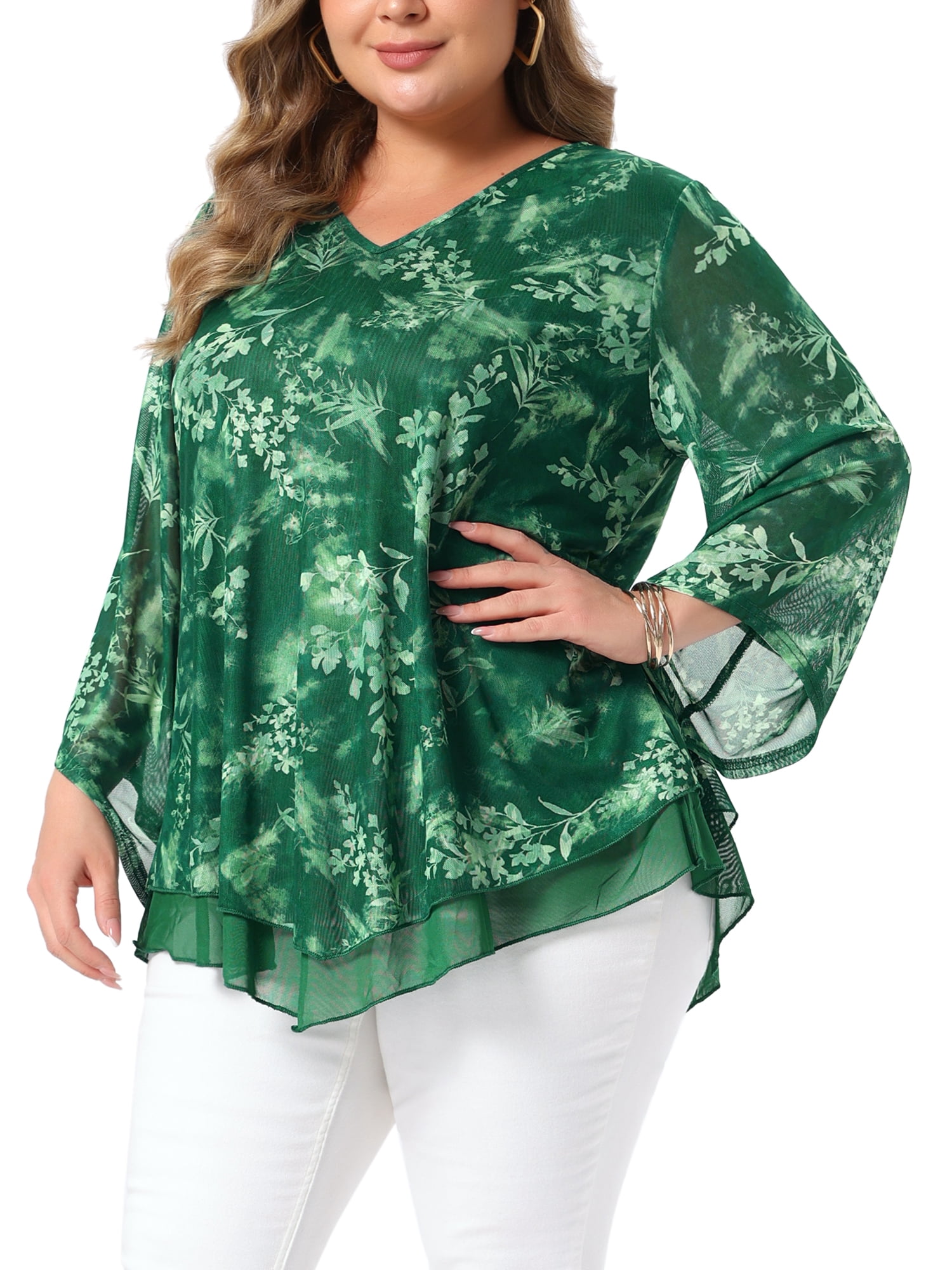 DARING DIVA Women's Plus Women's Dressy Blouse V Neck Mesh Flowy Work Shirts 3X Green
