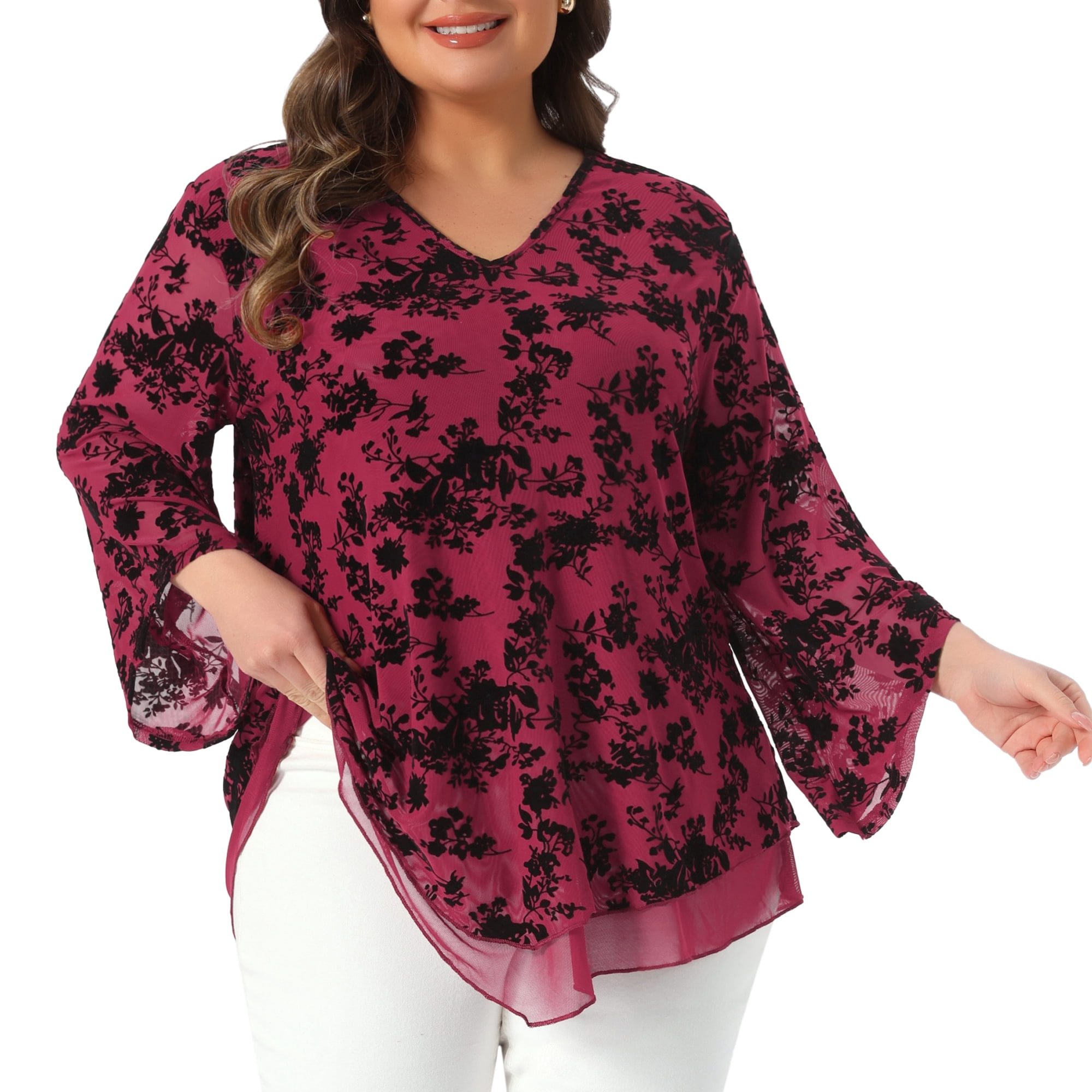 DARING DIVA Women's Plus Women's Dressy Blouse V Neck Mesh Flowy Work Shirts 4X Burgundy
