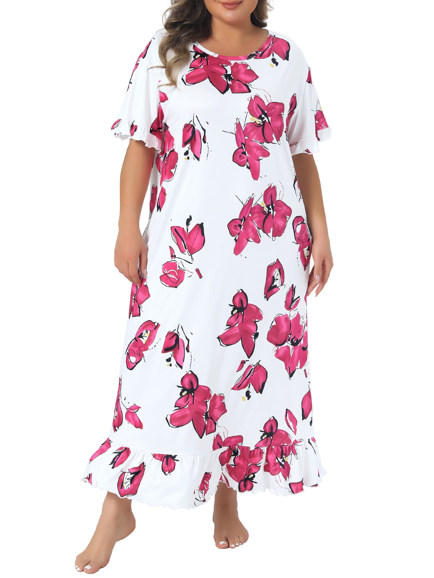DARING DIVA Women's Plus Women's Floral Maxi Nightgown Sleepwear 1X White Pink