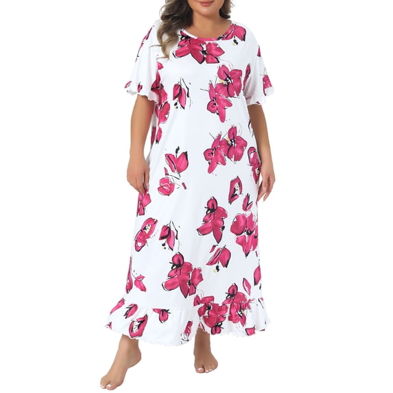 DARING DIVA Women's Plus Women's Floral Maxi Nightgown Sleepwear 1X White Pink