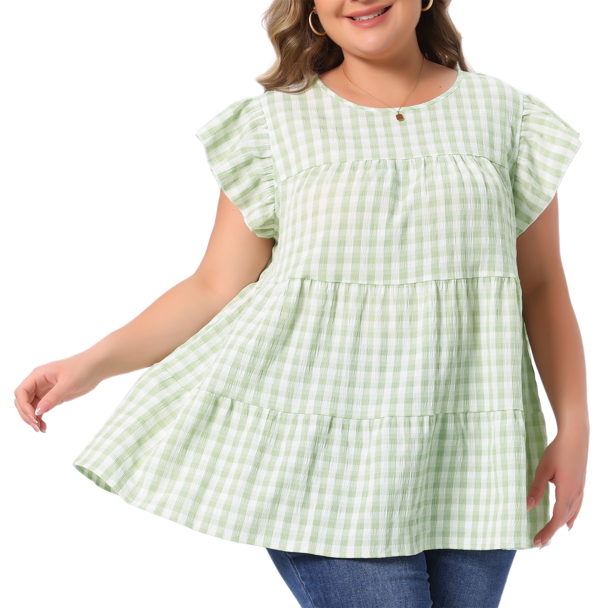 DARING DIVA Women's Plus Women's Gingham Top 1950s Crew Neck Flare  Blouse 2X Green