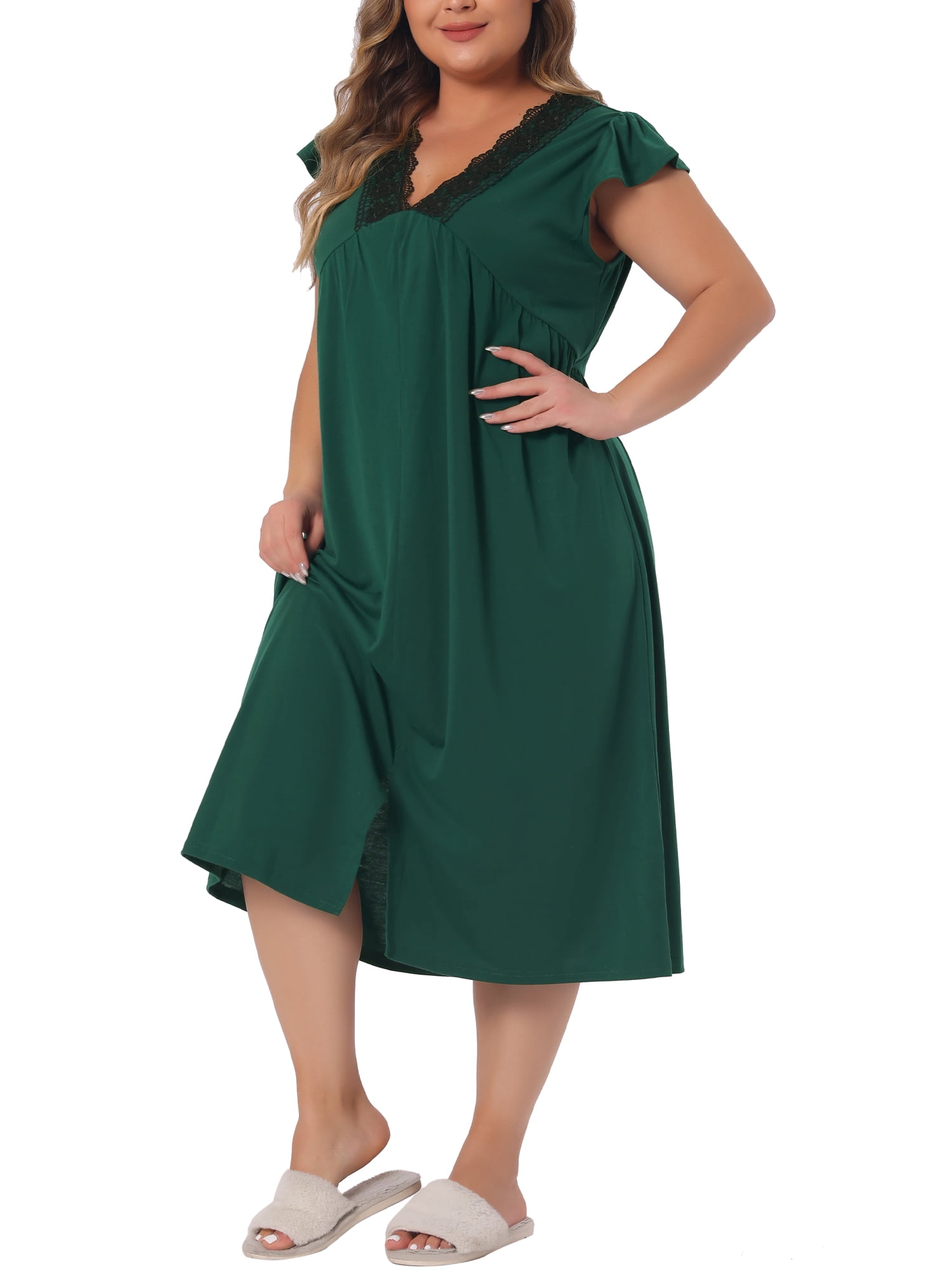 DARING DIVA Women's Plus Women's Lace V Neck Short Sleeves Nightshirt 3X Dark Green