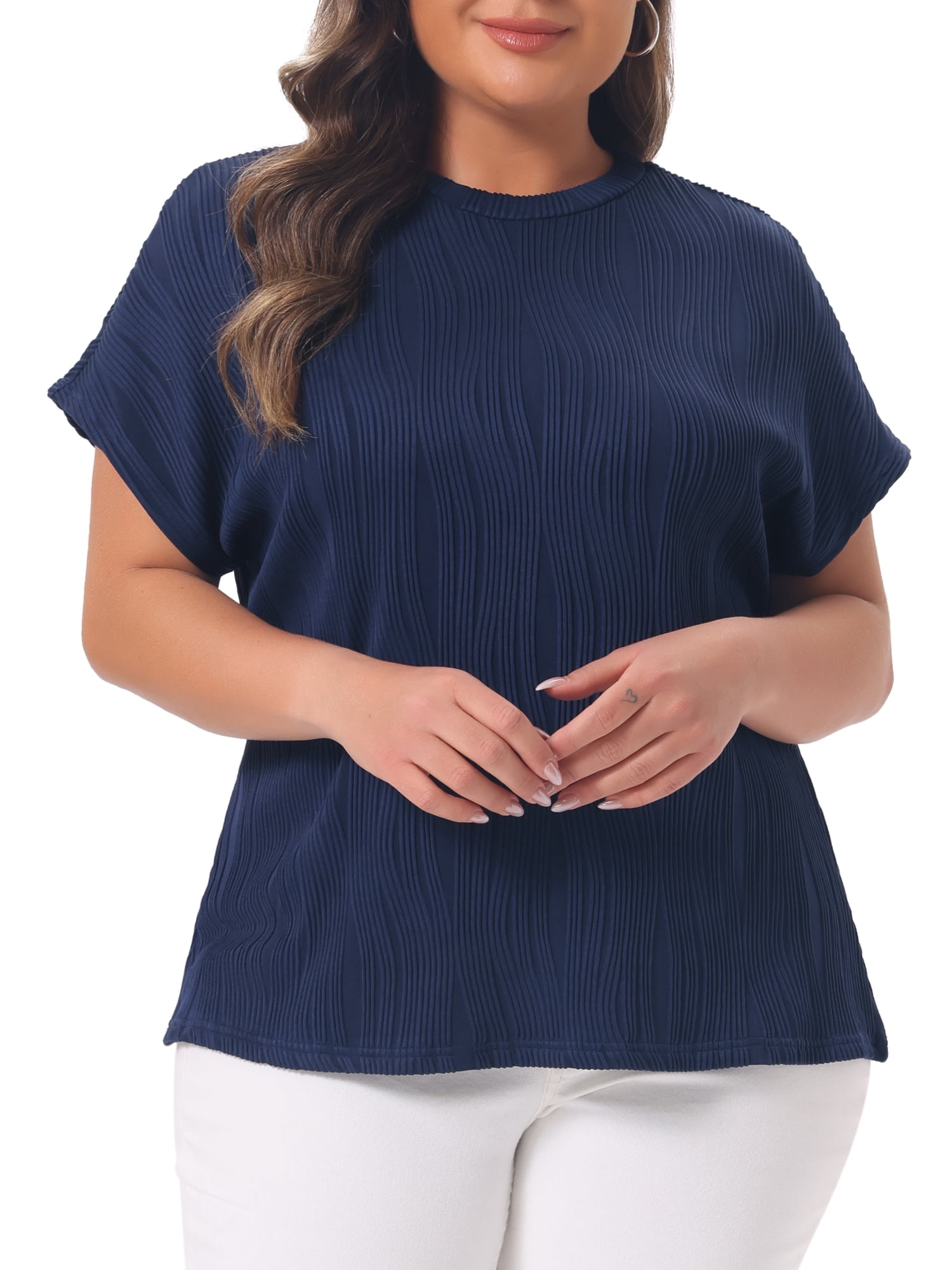 DARING DIVA Women's Plus Women's  Textured Tops Crewneck Casual T Shirts 3X Deep Blue