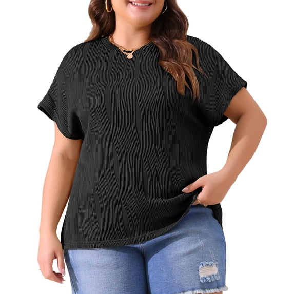 DARING DIVA Women's Plus Women's Textured Tops Crewneck Casual T Shirts 6X Black