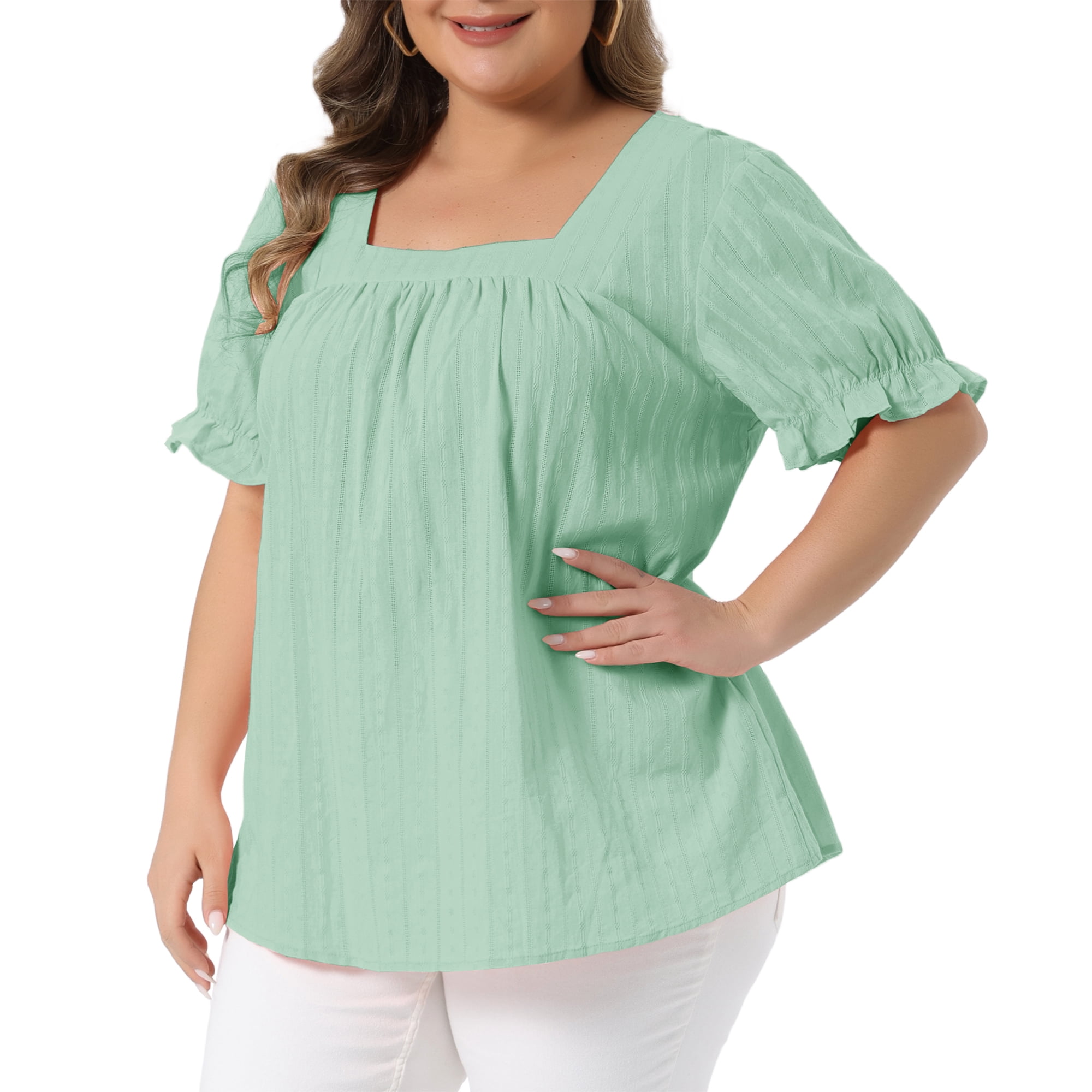 DARING DIVA Women's Plus Women's Top Casual Square Neck Ruffle Sleeve Blouse 1X Green