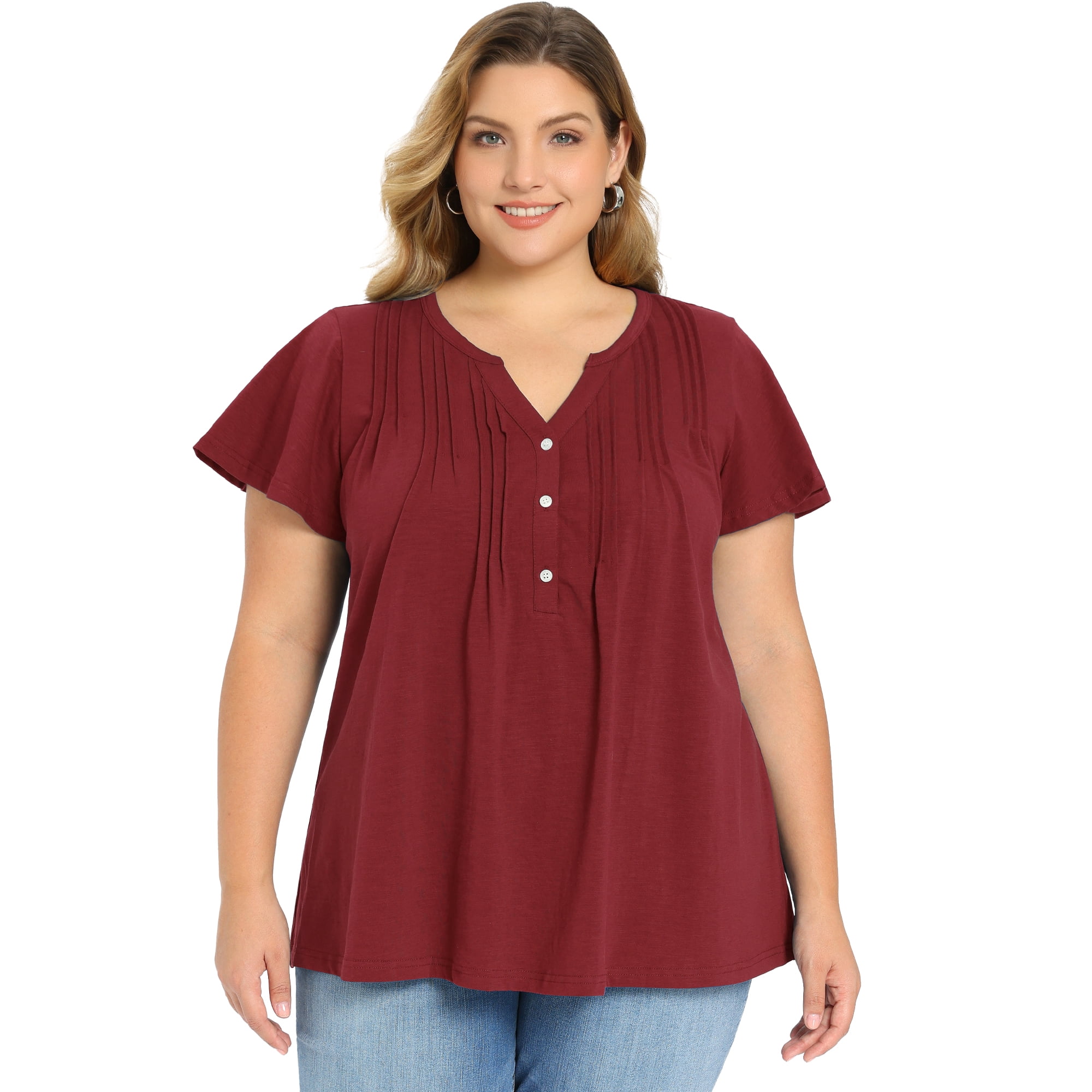 DARING DIVA Women's Plus Women's Tops Button Notch Neck Ruffle Sleeve Blouse 4X ‌Burgundy‌