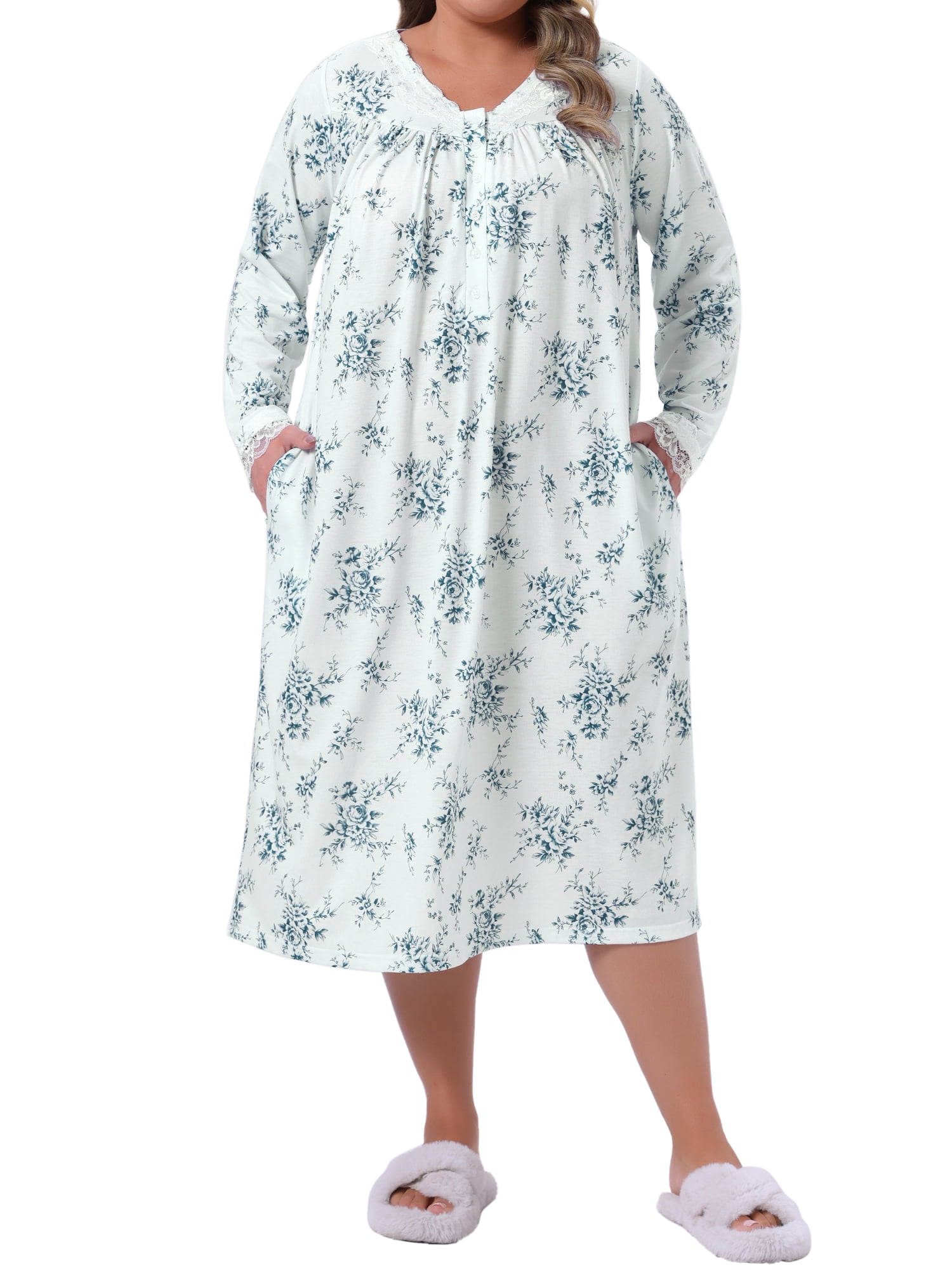 DARING DIVA Women's Plus Women's V Neck Lace Trim Long Sleeve Sleepwear 1X Blue