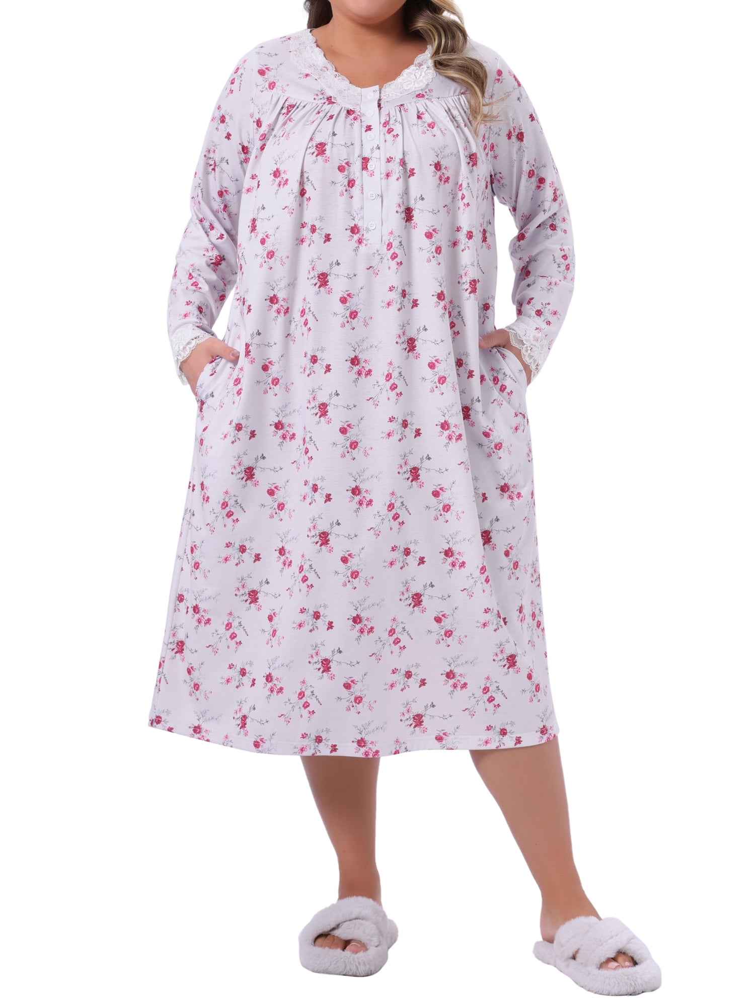 DARING DIVA Women's Plus Women's V Neck Lace Trim Long Sleeve Sleepwear 4X Burgundy