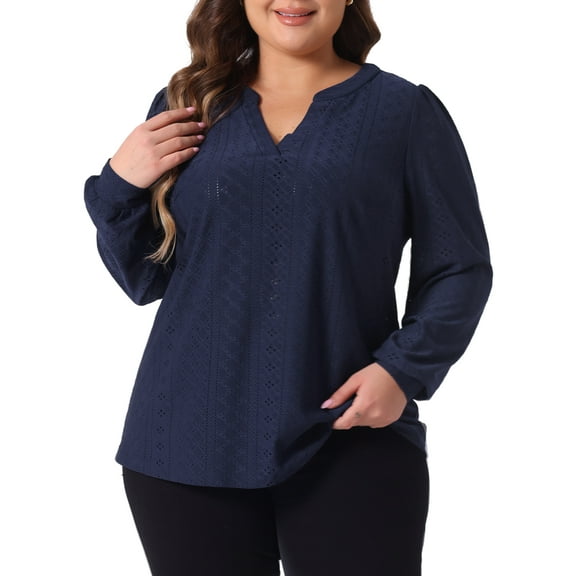 DARING DIVA Women's Plus Women's V Neck Long Sleeve Hollow Blouse 2X Navy Blue