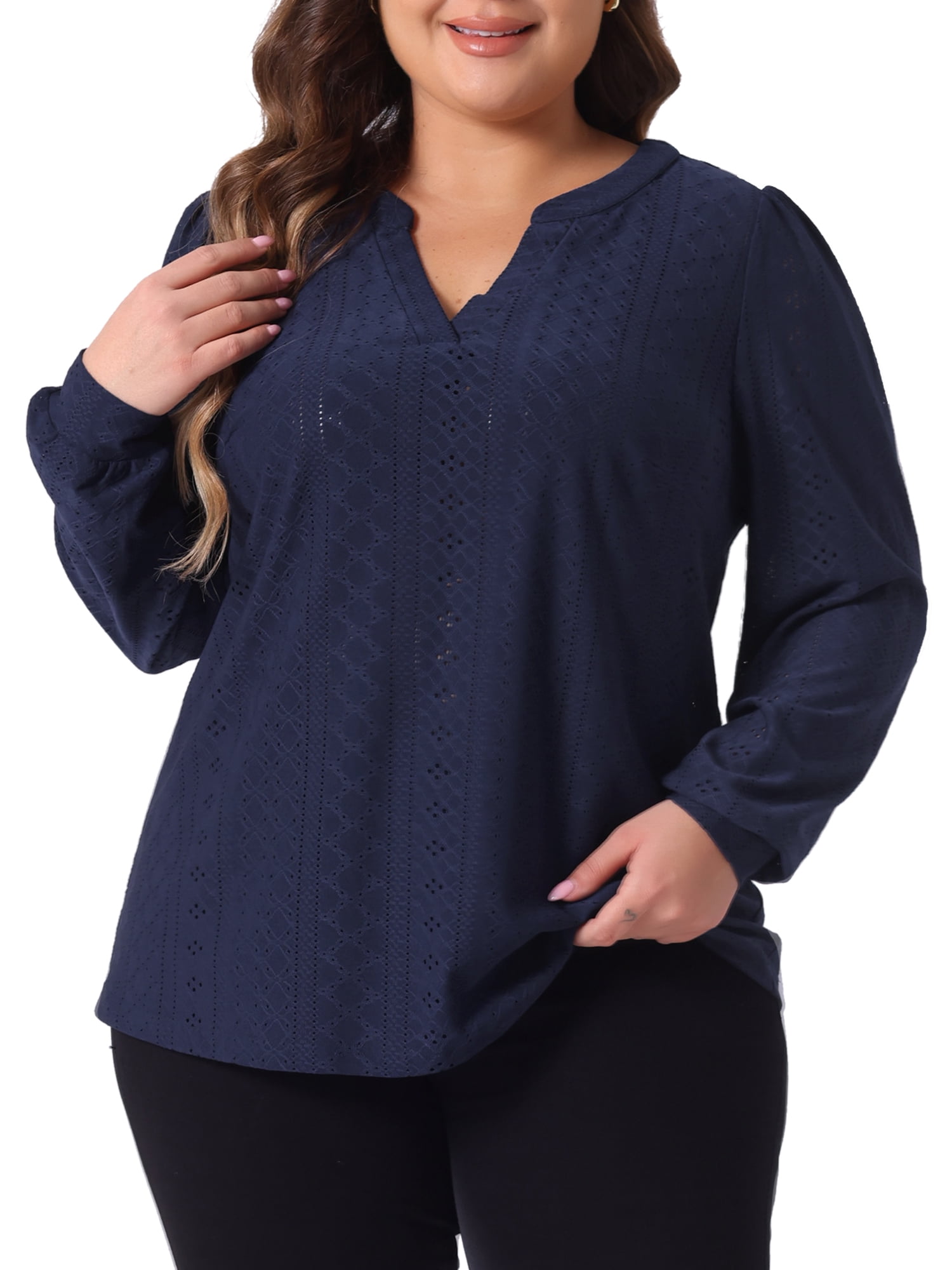 DARING DIVA Women's Plus Women's V Neck Long Sleeve Hollow Blouse 4X Navy Blue