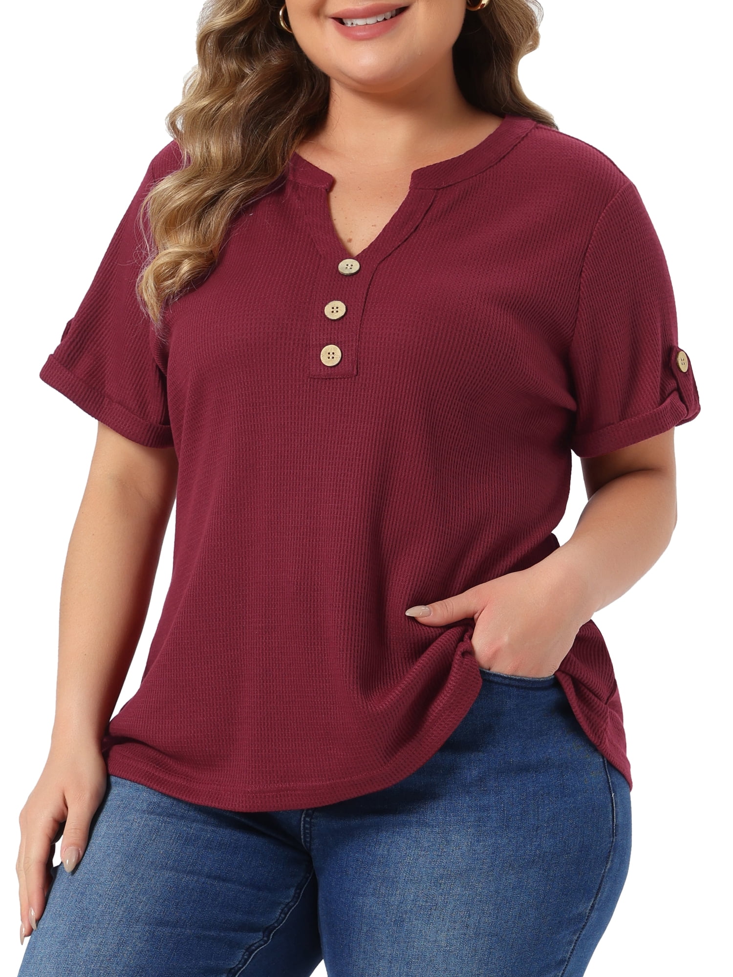 DARING DIVA Women's Plus Women's Waffle Tunic Tops  Button V Neck Casual Blouse 4X Wine
