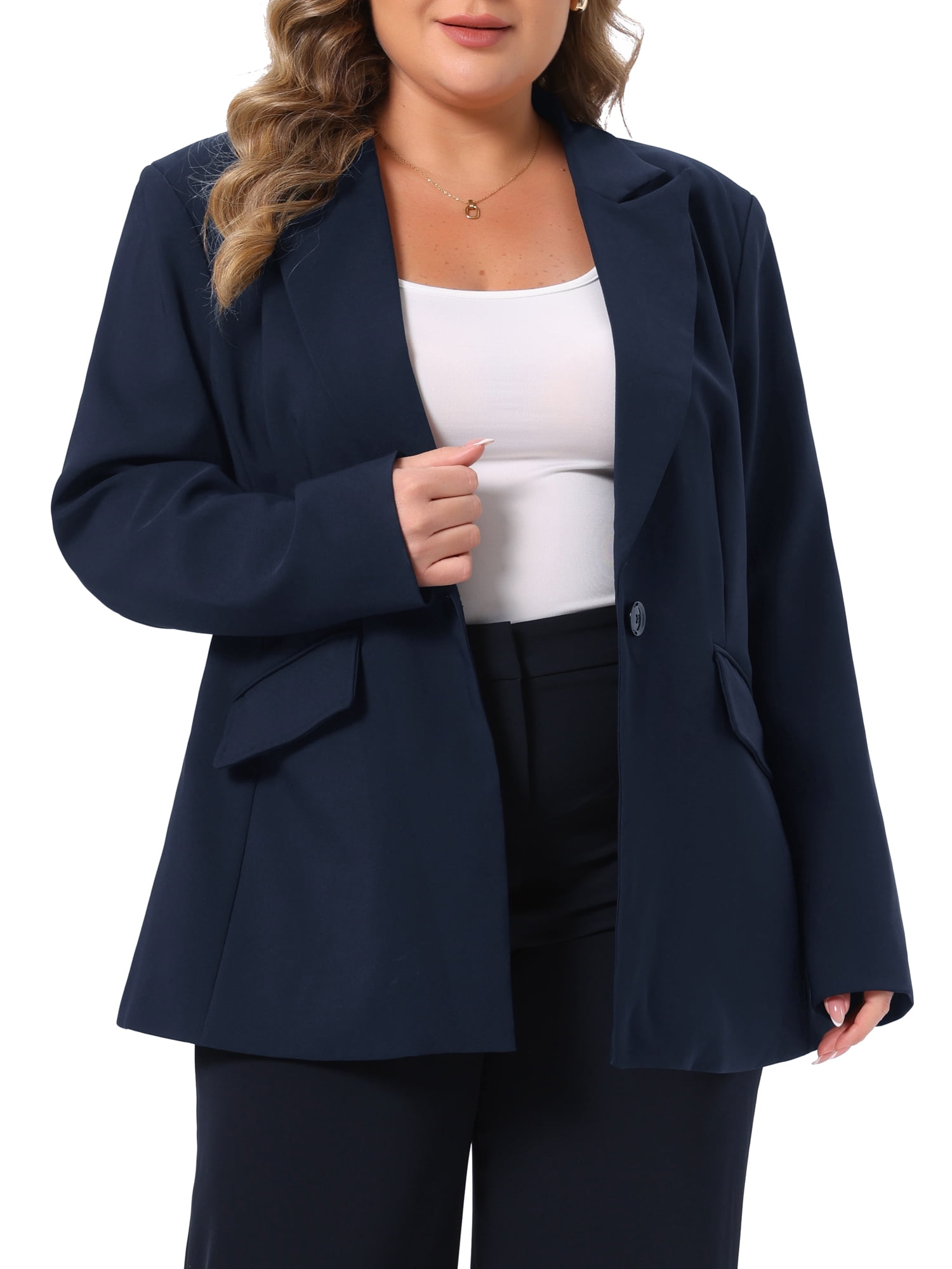 DARING DIVA Women's Plus Work Blazer Button Long Sleeve Suit Jacket 2X Navy Blue