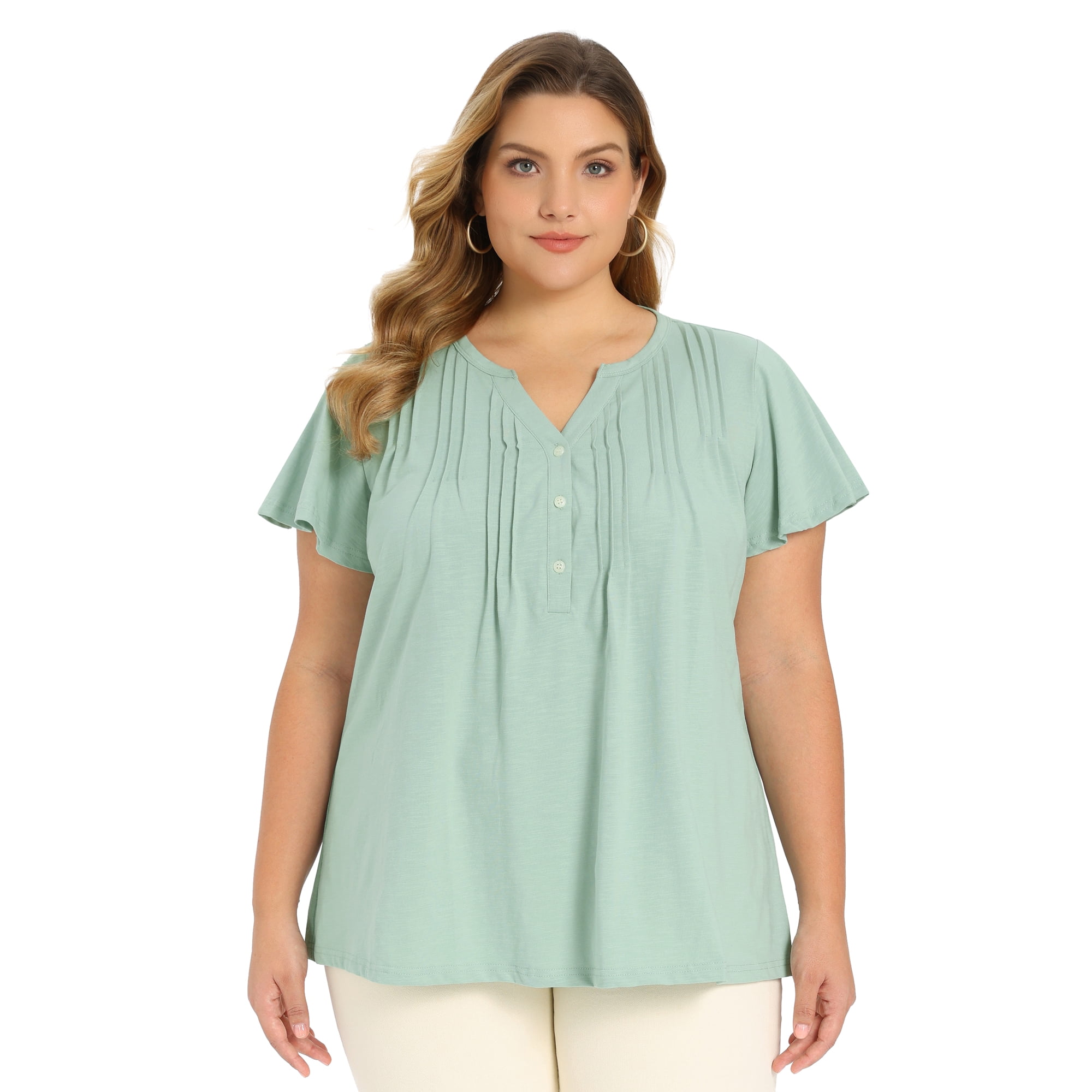 Women's Plus Women's Work Tops Button Notch Neck Ruffle Sleeve Casual Blouse 1X Green
