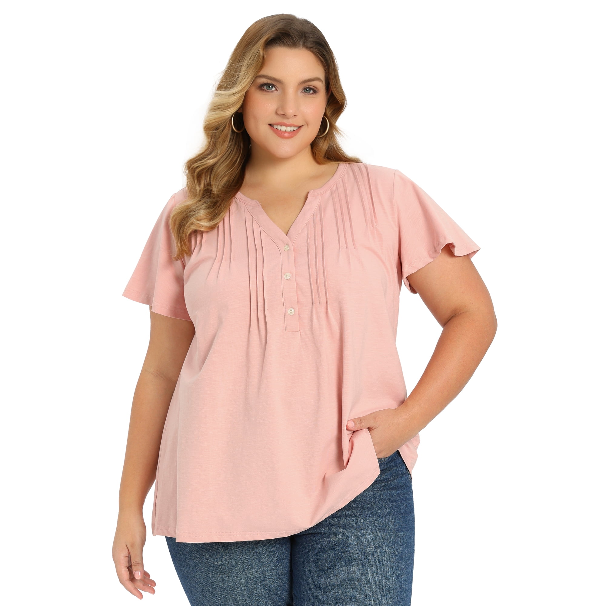Women's Plus Women's Work Tops Button Notch Neck Ruffle Sleeve Casual Blouse 2X Pink
