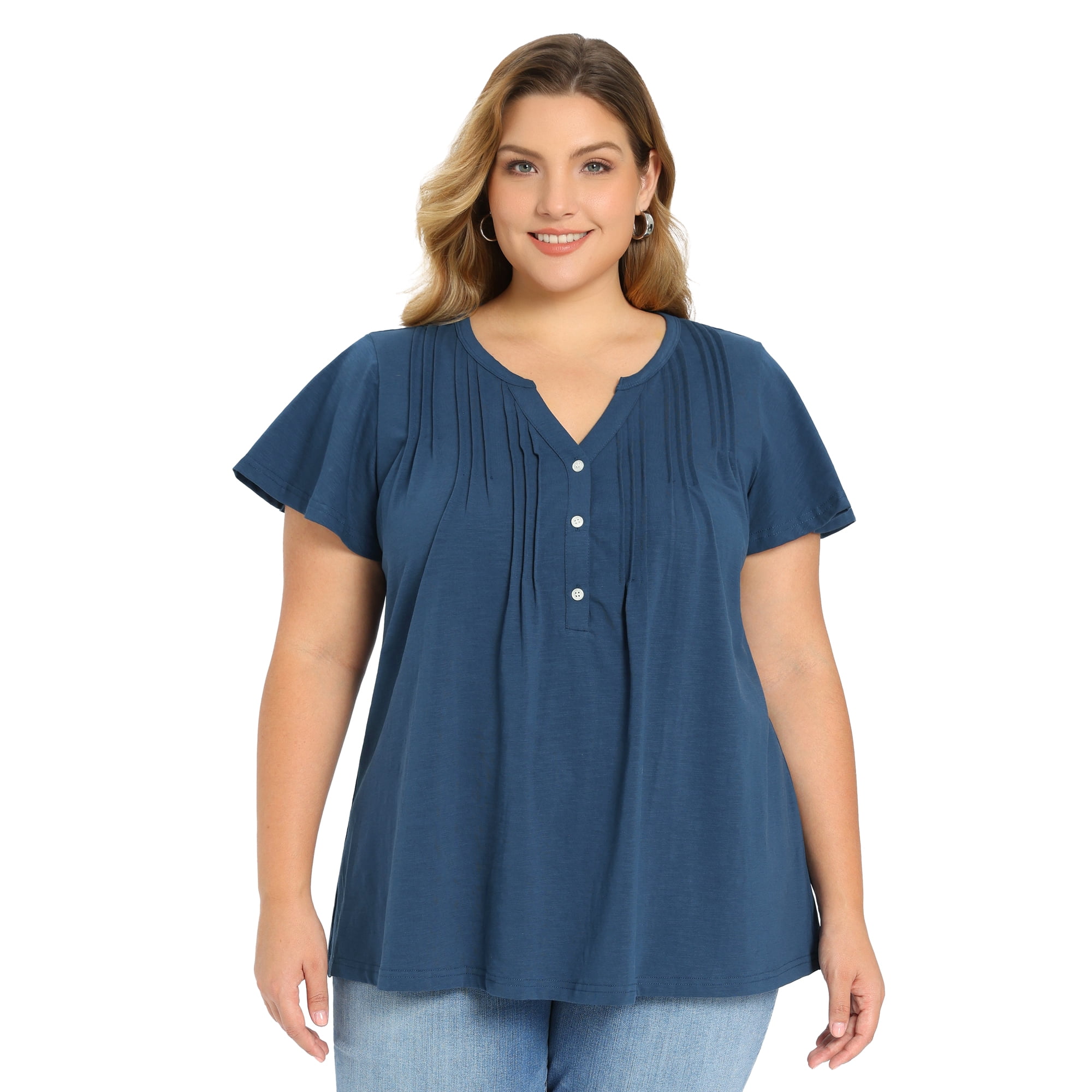 Women's Plus Women's Work Tops Button Notch Neck Ruffle Sleeve Casual Blouse 4X Dark Blue