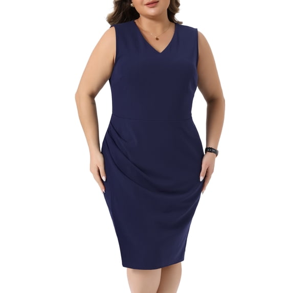 DARING DIVA Women's Plus Size Work Dress V Neck Ruched Bodycon 1X Navy Blue