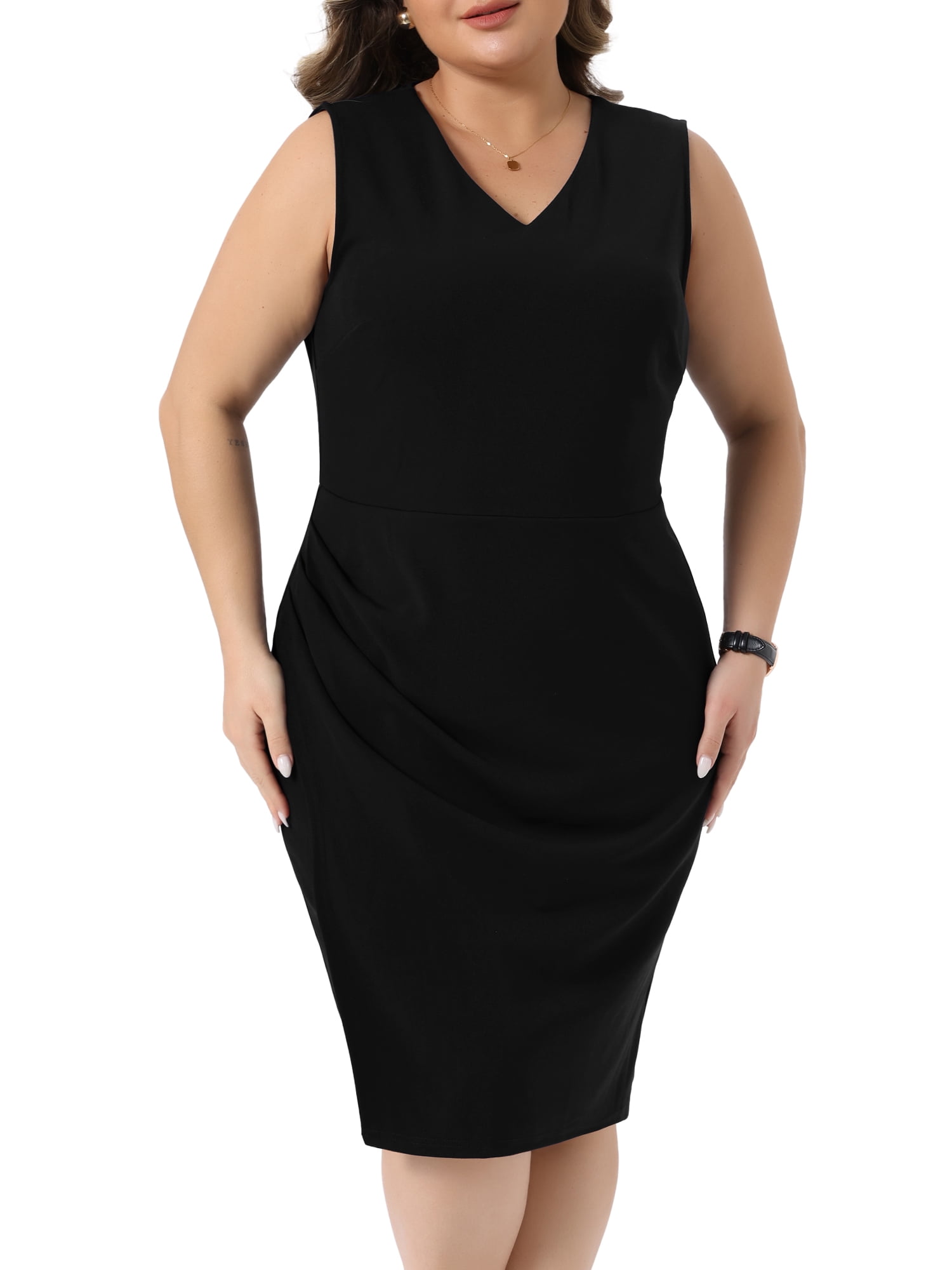DARING DIVA Women's Plus Size Work Dress V Neck Ruched Bodycon 2X Black