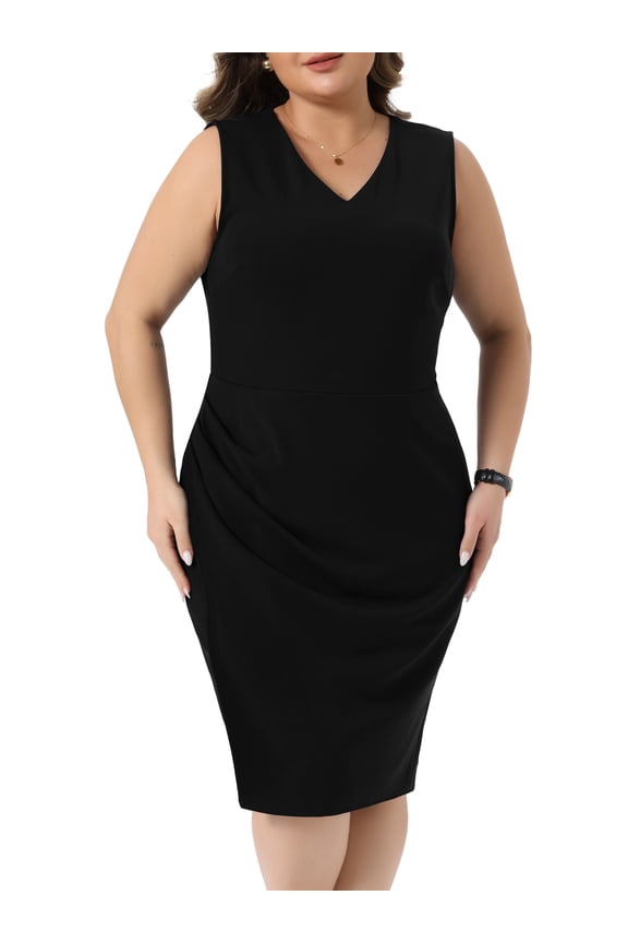 Women's Plus Size Work Dress V Neck Ruched Bodycon 3X Black